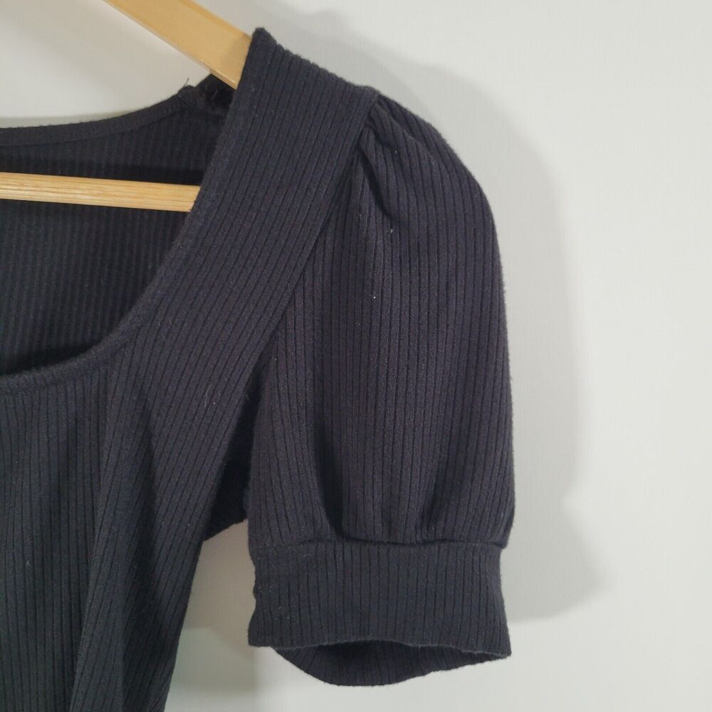 GARAGE Black Ribbed Top Size XS Cropped Puff Sleeve Square Neck 90s Y2K - Picture 4 of 7